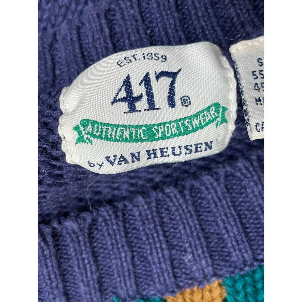 417 Van Heusen Men's M Blue Sweater Blue 80s Cable Knit‎ Argyle Vintage